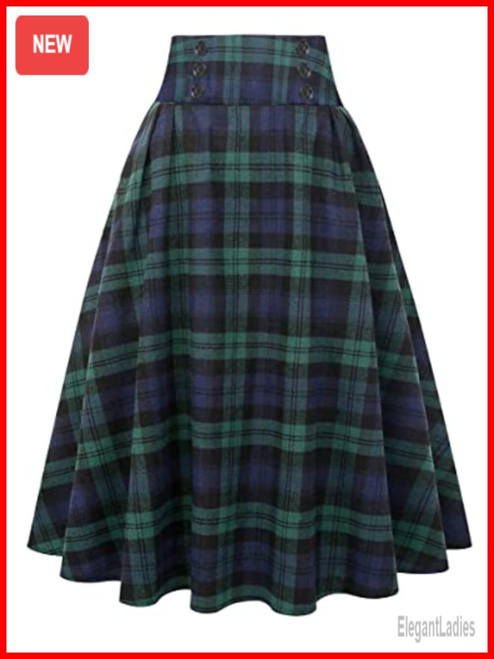 High Waist Plaid A-Line Pleated Midi Skirt with Pockets